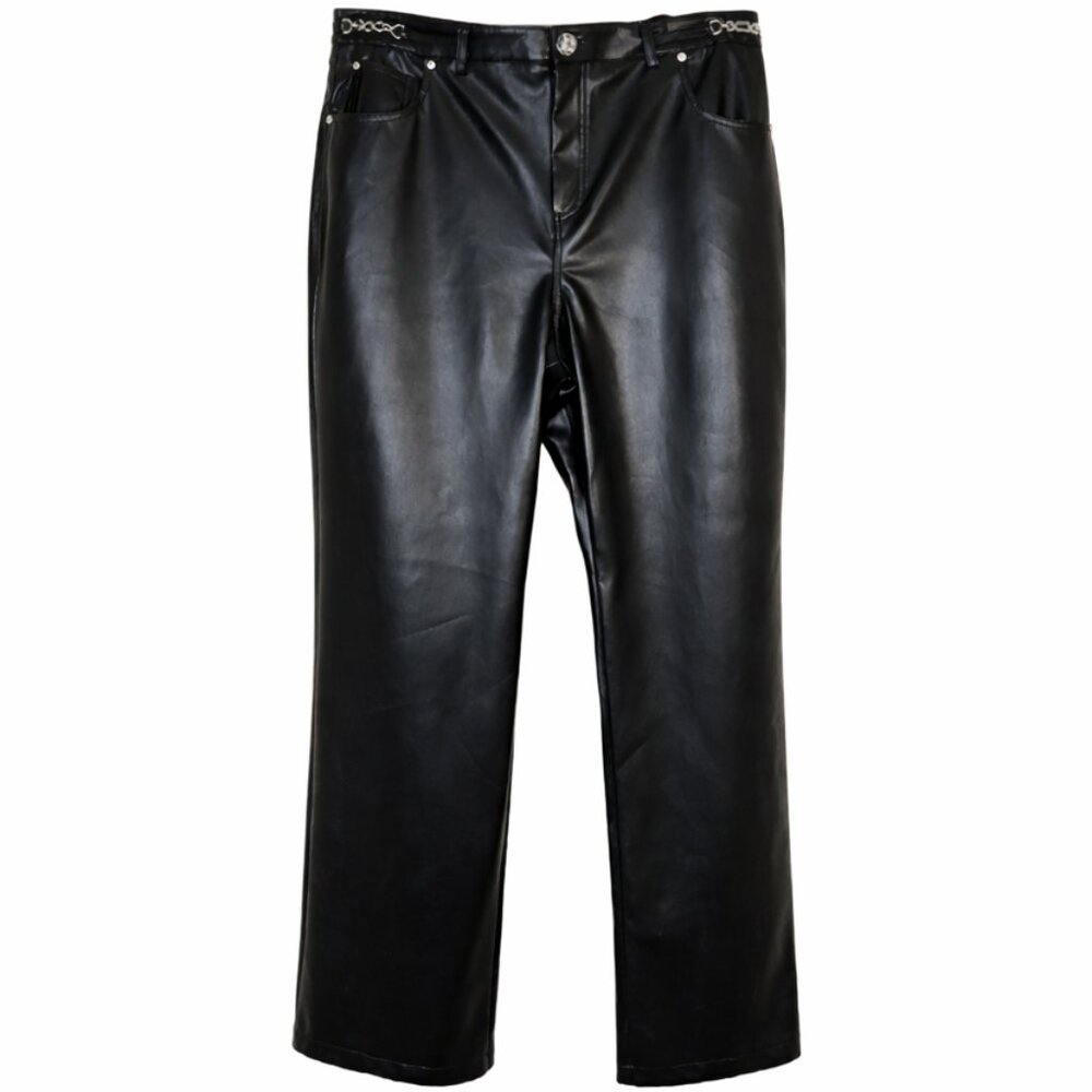 NWT Avec Les Filles Faux Leather Pants Black Wide Leg Chain Detail Size 16